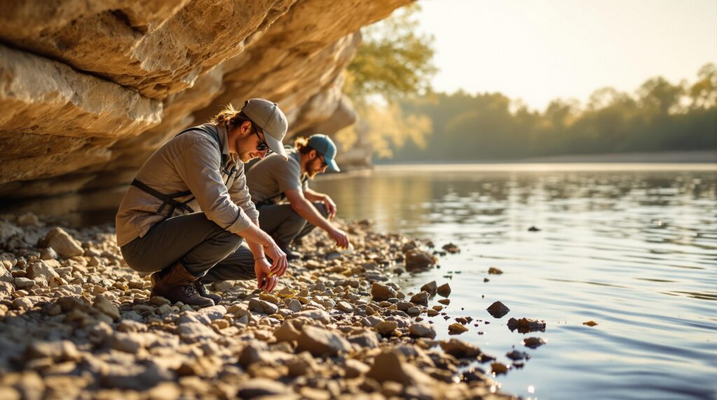 Three people search for fossils on sunlit limestone cliffs beside a calm lake with trees in the background, using brushes to examine rocks.